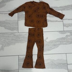 Zara Brown Floral Long Sleeve Top and Flared Pants Set in 2/3